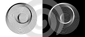 Rotating art lines in circle shape as symbol, logo or icon. Black shape on a white background and the same white shape on the