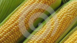 Rotating background of fresh corn, close up. Fresh raw yellow corn cob