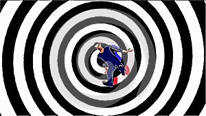 rotating black and white swirl pattern with Vertigo Falling Man