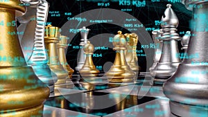 Rotating chessboard with pieces and digital graphics elements, chess notation, video loop