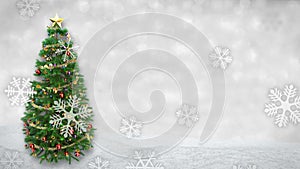 Rotating Christmas tree on winter background with snowfall animation. 3D render.seamless loop