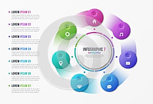 Rotating circle chart template with 7 options. Vector design for