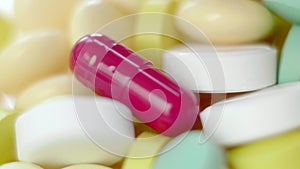Rotating Close Up of Colorful Medical Pills, Tablets, Capsules and Drugs