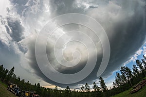 Rotating clouds indicating the presence of the mesocyclone of a supercell thunderstorm