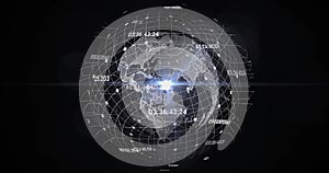 Rotating 3D holographic globe projecting data in virtual interface, with timecodes and nodes