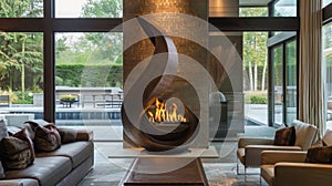 The rotating design element of this fireplace adds an element of surprise and intrigue to the room. 2d flat cartoon