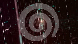 Rotating digital space with virtual reality of numbers and columns, seamless loop. Animation. Concept of informational