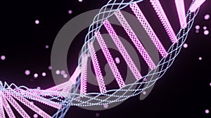 Rotating dna spiral with dots. Design. Beautiful dna spiral rotates with magical glowing dots. Magic spiral of dna in