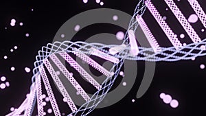 Rotating dna spiral with dots. Design. Beautiful dna spiral rotates with magical glowing dots. Magic spiral of dna in