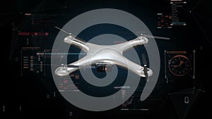Rotating Drone, Quadrocopter, with futuristic user interface, Virtual graphic. HUD.