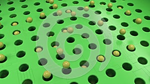 Rotating field of green color with black holes and jumping balls. Animation. Yellow spheres flying above rotating