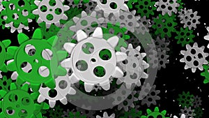 Rotating,flying gears in white and green colors