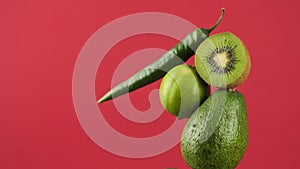 rotating fresh green vegetables and fruits on a red background. Creative food concept. Equilibrium floating food balance