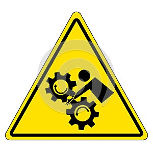 Rotating gear hazard sign Warning yellow triangle sign with symbol