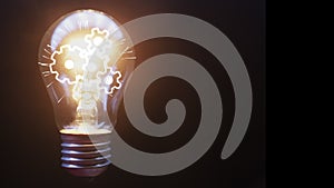 Rotating gears inside a light bulb in which the light turns on and off and wave rays diverge on a black background