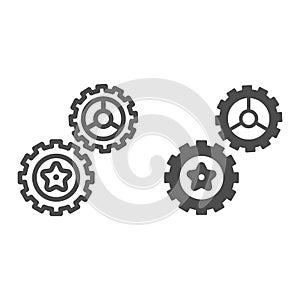 Rotating gears line and solid icon, technology concept, Cogwheel gear mechanism sign on white background, two gear