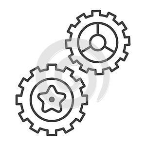 Rotating gears thin line icon, technology concept, Cogwheel gear mechanism sign on white background, two gear wheels