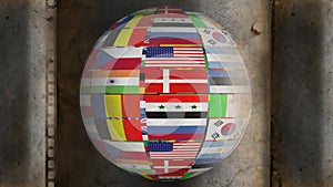Rotating globe made of national flags
