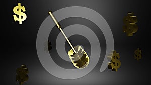 Rotating gold toilet brush and dollar signs on a black background. Excessive luxury concept, 3D rendering