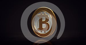 Rotating golden Bitcoin coin above floor on dark background.