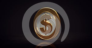 Rotating golden Dollar coin above floor on dark background.