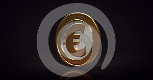 Rotating golden Euro coin above floor on dark background.