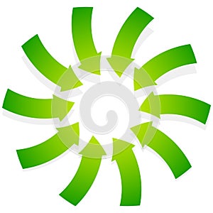 Rotating green arrows point inwards / inside. Abstract shape wit