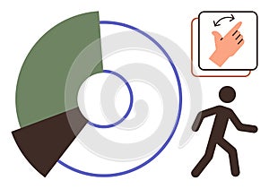Hand gesture guiding data visualization with pie chart and walking figure