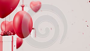 Rotating hearts and gift boxes on pink background with falling confetti. Valentine day loopable backdrop. 3d render