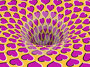 Rotating hearts patterned hole. Vector optical illusion background