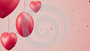 Rotating hearts on pink background with falling confetti. Valentine day loopable backdrop. 3d render