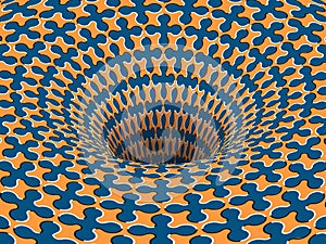 Rotating hole of moving blue orange cruciform shapes pattern. Vector optical illusion illustration