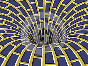 Rotating hole of moving blue yellow brickwork pattern. Vector optical illusion illustration