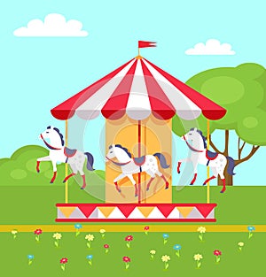 Rotating Horses Carousel in City Park, Vector