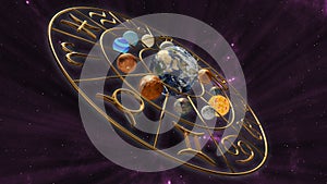 Rotating mystic astrology zodiac horoscope symbol with twelve planets in cosmic scene. 3D rendering. 4K