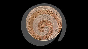 Rotating obverse of Sweden coin 5 ore 1950 isolated in black background. Close up view.
