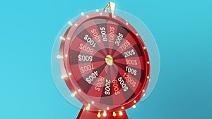 Rotating red wheel of luck or fortune. Won a thousand dollars. Gambling, lottery. Wheel of fortune with alpha channel