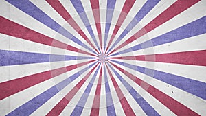 A rotating red, white and blue grunge carnival circus style retro background with vintage film effects
