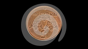 Rotating reverse of Sweden coin 5 ore 1950 isolated in black background. Close up view.