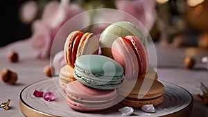 Rotating shot stack of macarons close up, high detail