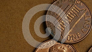 Rotating stock footage shot of American pennies (coin - $0.01)