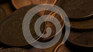 Rotating stock footage shot of American pennies (coin - $0.01)