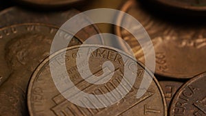 Rotating stock footage shot of American pennies (coin - $0.01)