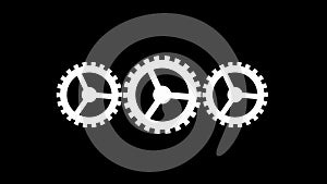 Rotating three white gears animation on a black background 4K