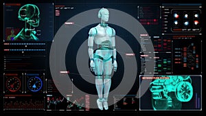 Rotating transparency 3D robot body, X-ray scan in digital interface. computer display panel.