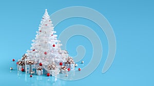 Rotating white Christmas tree with lights and gift boxes