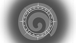 Rotating white occult circle with mystical symbols with blinking old fashion retro cinema effect in seamless loop