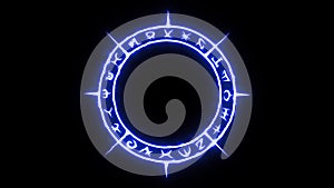 Rotating white occult circle with mystical symbols with burning blue glow in seamless loop