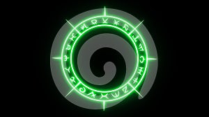 Rotating white occult circle with mystical symbols with pulsing green glow