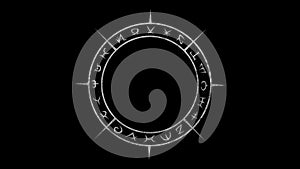 Rotating white occult circle with with stone texture and volume with mystical symbols in seamless loop